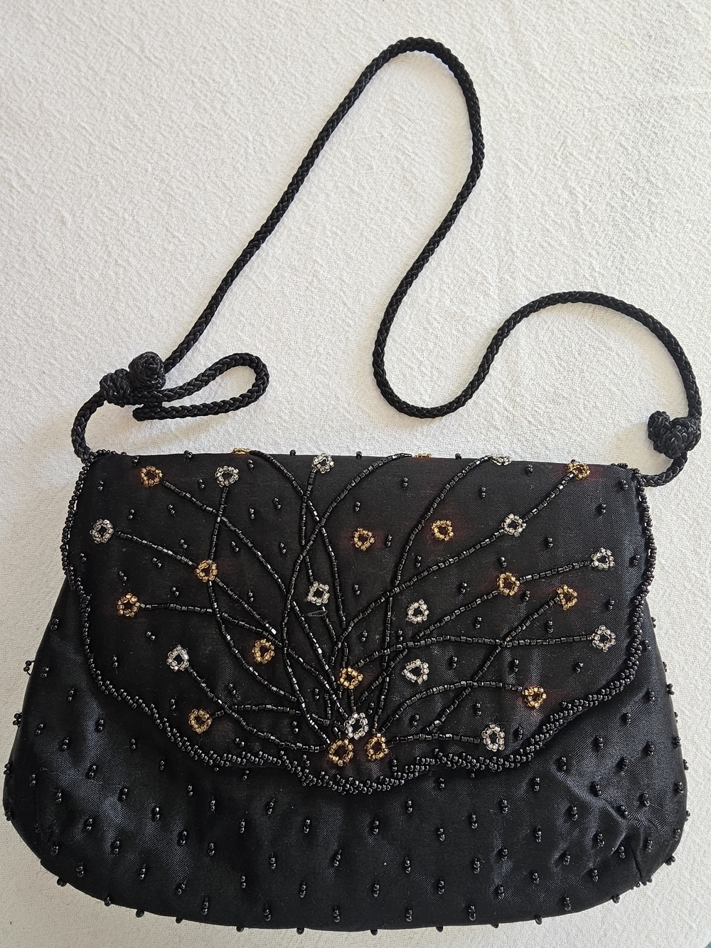 Vintage La Regale Black Satin Beaded Evening Bag Art Deco Fan Flap Clutch